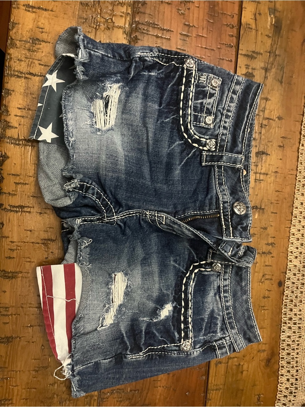 Miss Me Dark Blue Distressed Denim Shorts with Flag Trim